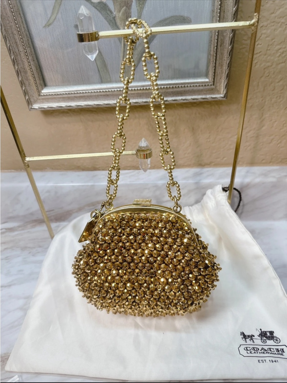 Authentic Coach vintage Gold Beaded Evening Wristlet with Chain Strap - Picture 12 of 16
